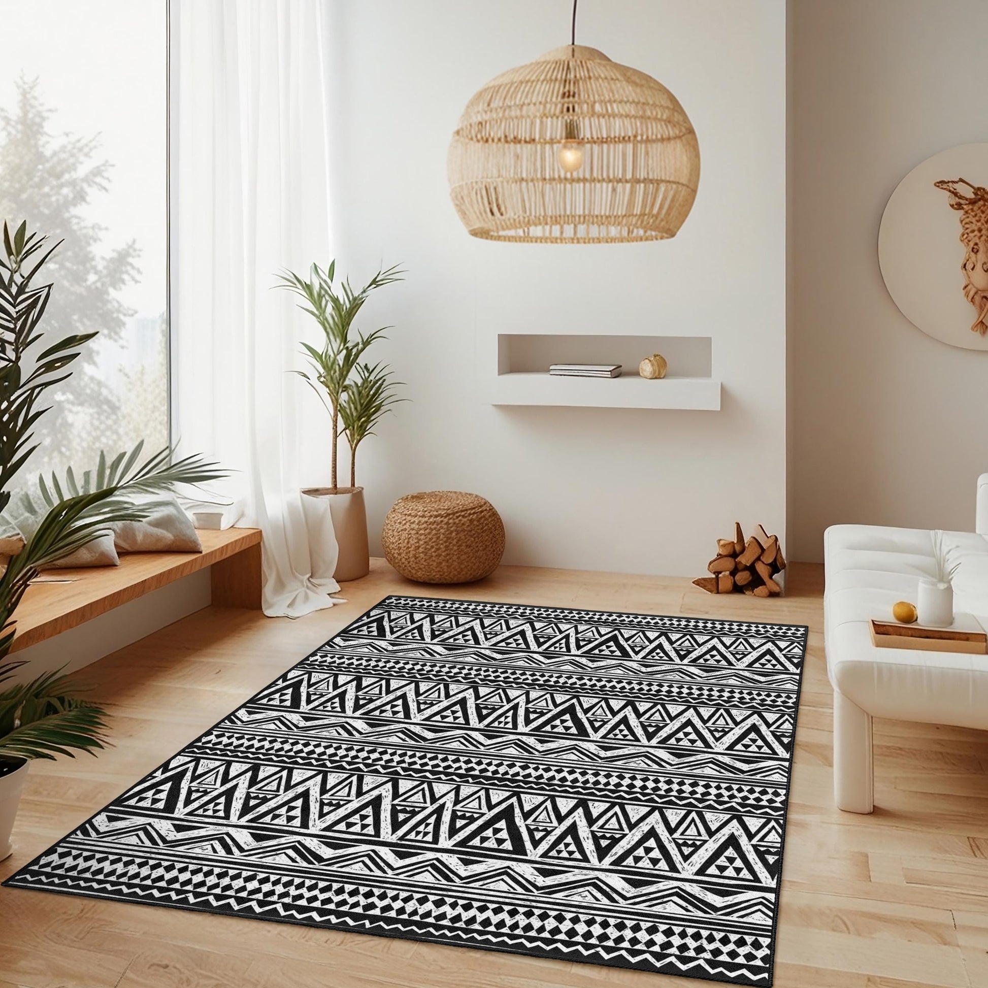 Geometric Black and White Rectangular Area Rug, Modern Pattern Rug, Bohemian Style Carpet, Living Room Decor, Stylish Floor Mat