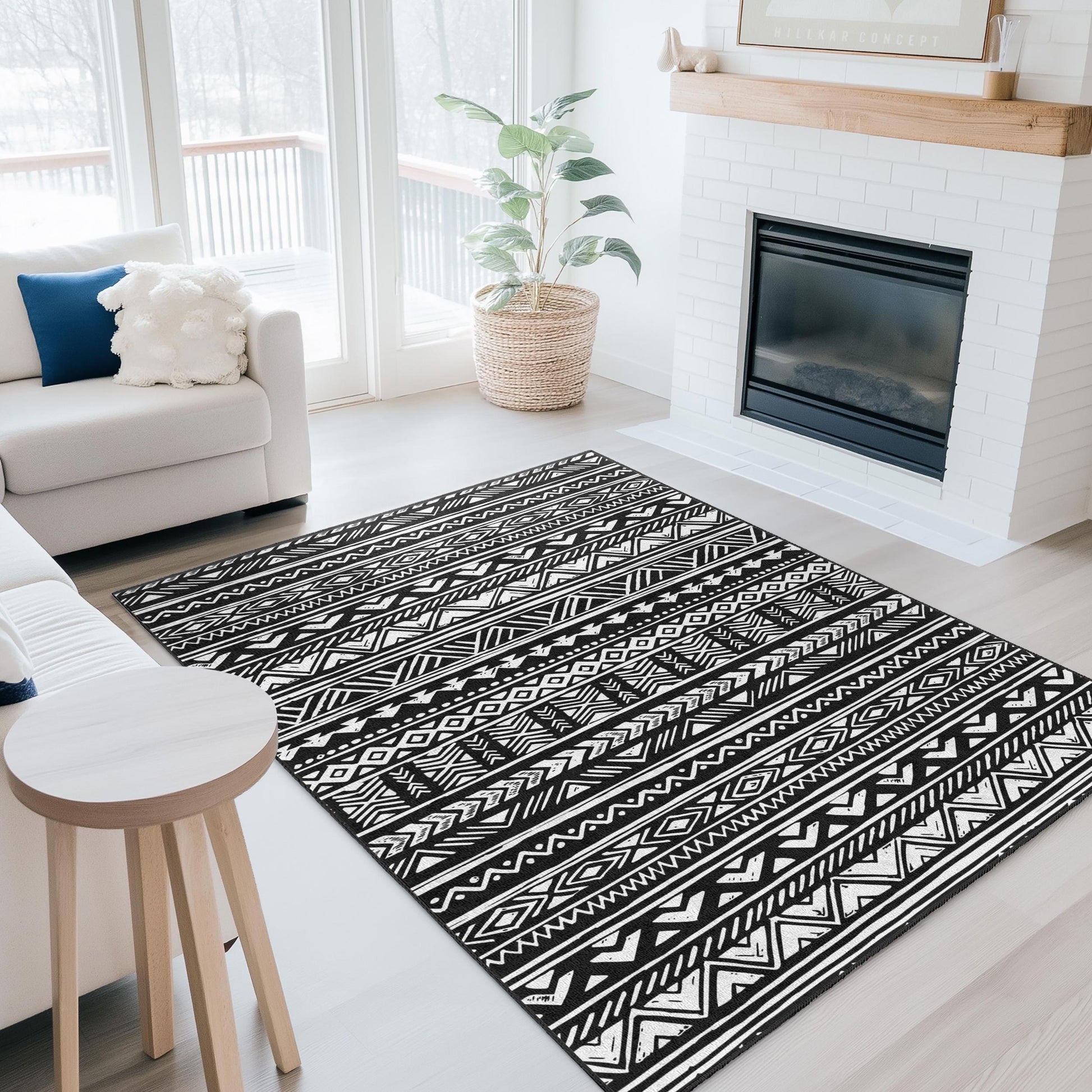 Black and White Geometric Patterned Rectangle Rug, Modern Boho Area Rug, Stylish Living Room Carpet, Decorative Floor Mat