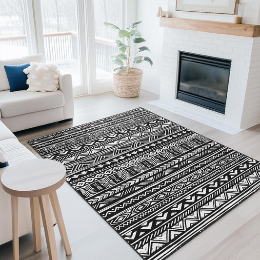 Black and White Geometric Patterned Rectangle Rug, Modern Boho Area Rug, Stylish Living Room Carpet, Decorative Floor Mat