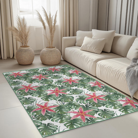 Tropical Floral Rectangle Area Rug, Monstera Leaf and Pink Flower Design, Indoor Carpet, Home Decor, Living Room Rug, Boho Chic Rug