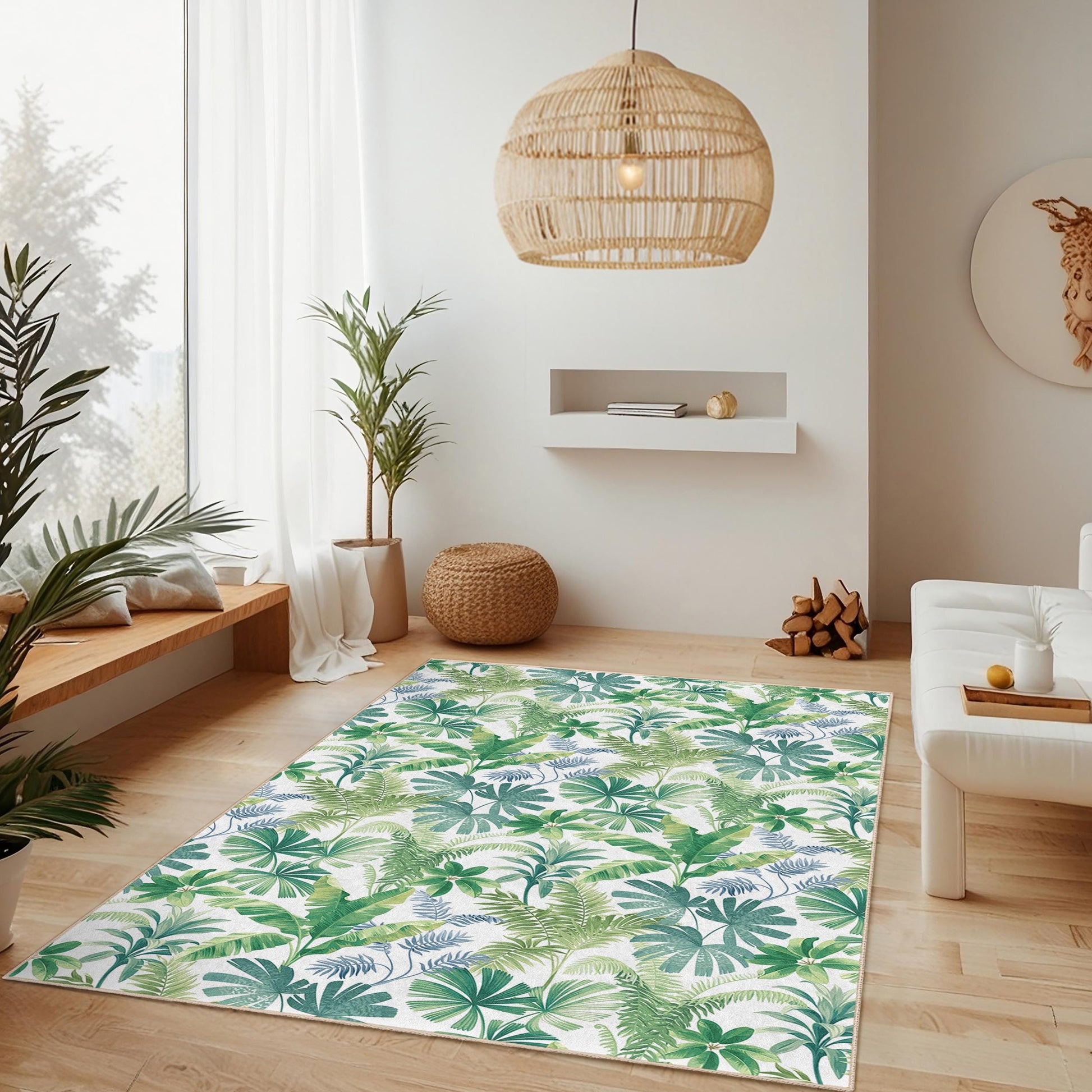 Tropical Leaf Pattern Rectangular Area Rug, Green Botanical Home Decor, Modern Living Room Carpet, Nature Inspired Floor Mat