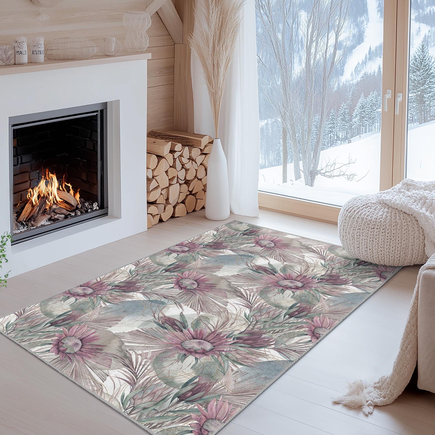 Floral Elegance Rectangular Area Rug, Botanical Design Carpet, Flower Pattern Rug for Home Decor, Living Room, Bedroom, Dining Room