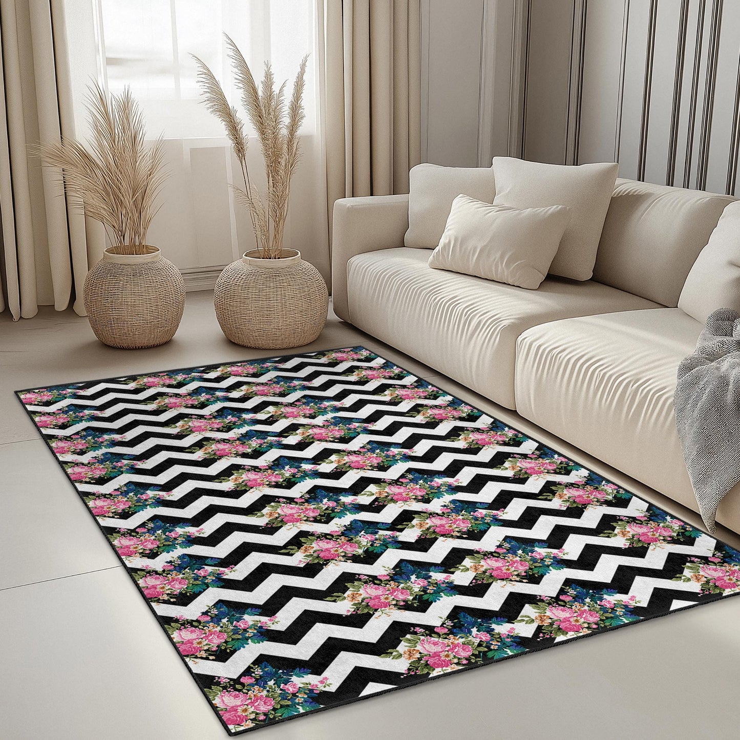 Chevron Floral Pattern Rectangular Rug, Modern Black and White Area Rug, Stylish Living Room Carpet, Chic Home Decor Mat