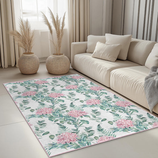 Floral Pattern Rectangular Area Rug, Pink Hydrangea Living Room Carpet, Botanical Decor for Home, Soft and Cozy Floor Mat