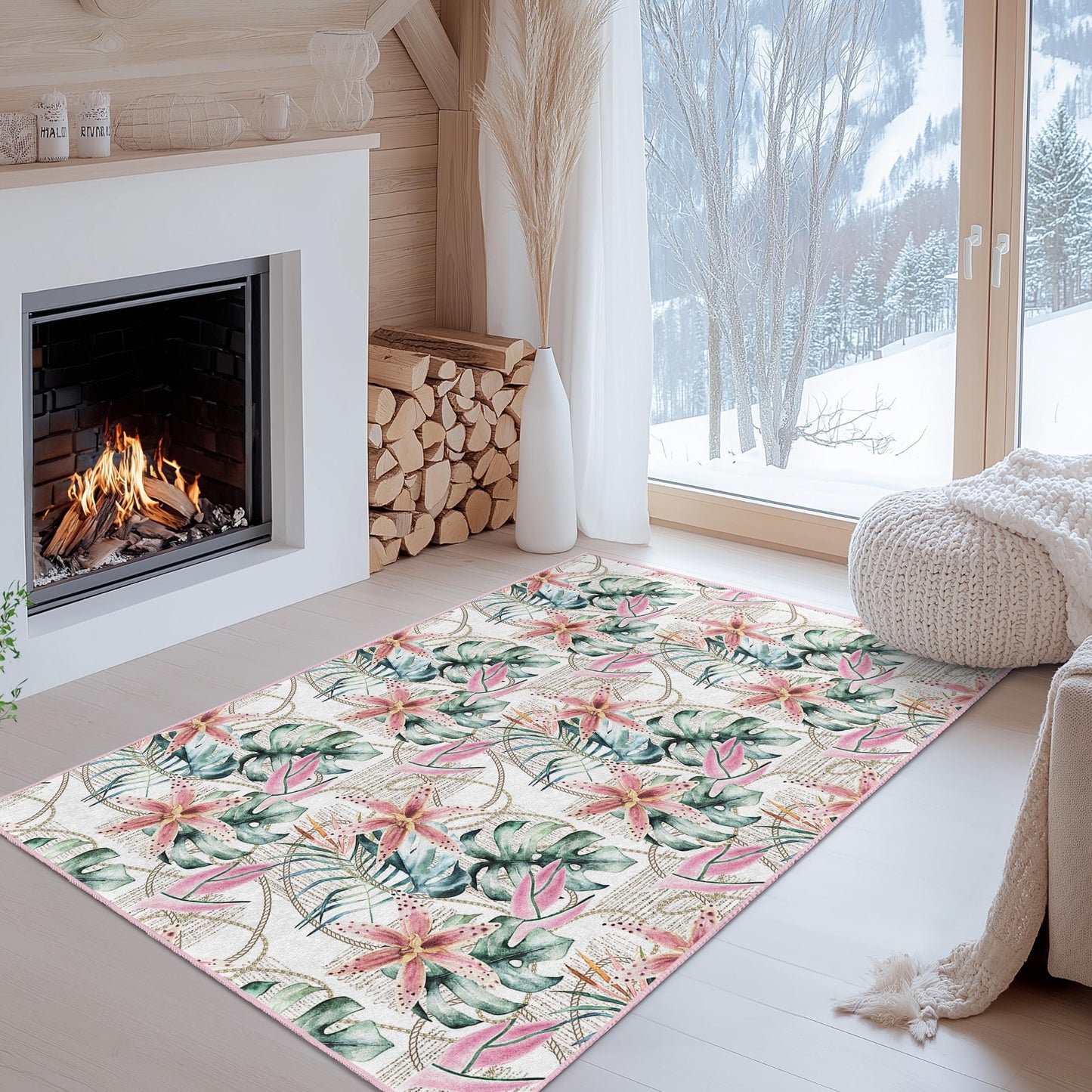 Tropical Floral Area Rug, Rectangle Rug for Living Room, Botanical Design Carpet, Soft Indoor Rug, Home Decor, Bohemian Decor
