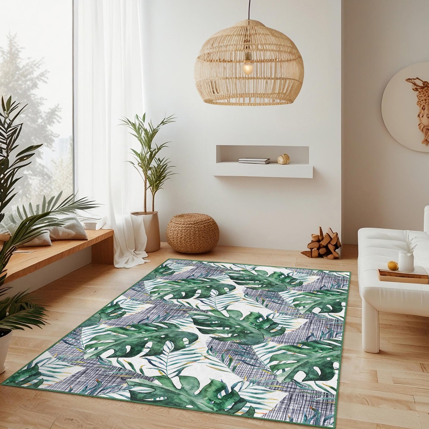 Tropical Leaf Rectangular Area Rug, Green Monstera Plant Rug, Living Room Carpet, Modern Home Decor, Nature Inspired Rug