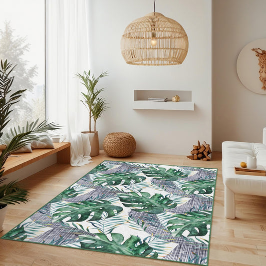 Tropical Leaf Rectangular Area Rug, Green Monstera Plant Rug, Living Room Carpet, Modern Home Decor, Nature Inspired Rug