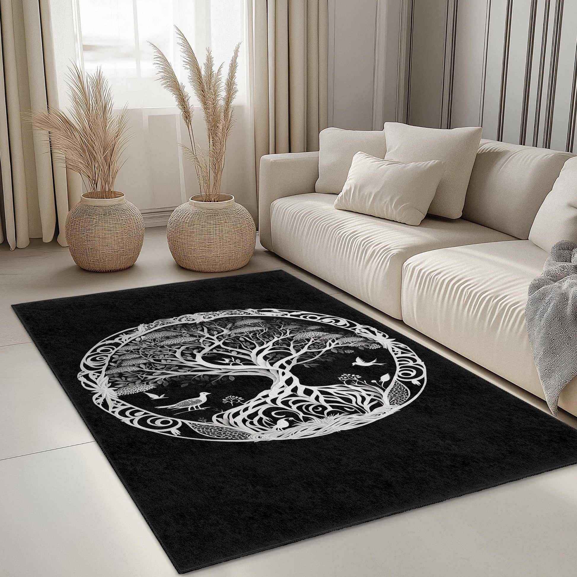 Elegant Tree of Life Round Area Rug, Black and White Nature Decor, Bohemian Round Carpet for Living Room, Unique Home Accent