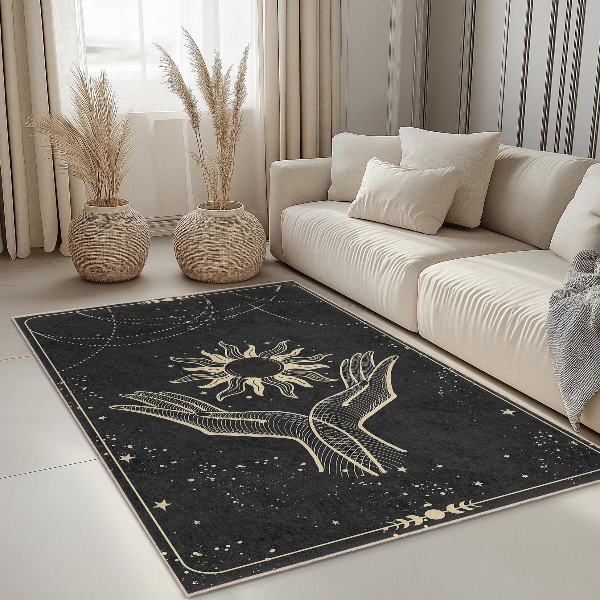 Sun and Hands Abstract Rectangular Rug, Bohemian Style Carpet, Living Room Decor, Spiritual Home Rug, Unique Floor Mat