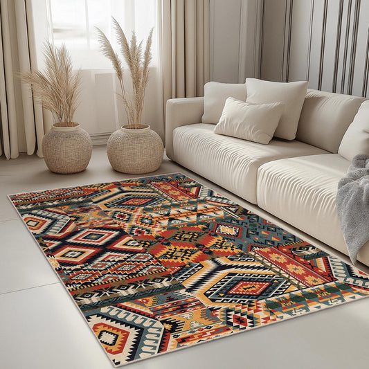 Bohemian Geometric Pattern Rectangular Area Rug, Colorful Tribal Design Carpet for Living Room, Stylish Home Decor