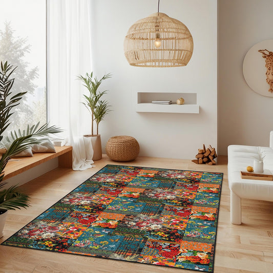 Colorful Floral Patchwork Rectangular Area Rug, Vintage Style Carpet for Living Room, Cozy Home Decor, Soft Floor Mat