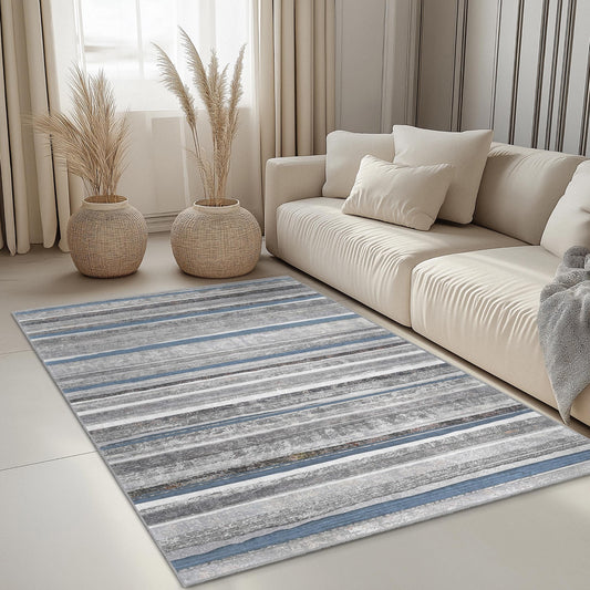Elegant Striped Area Rug, Rectangle Living Room Carpet, Stylish Home Decor, Modern Grey and Blue Rug, Soft Indoor Rug