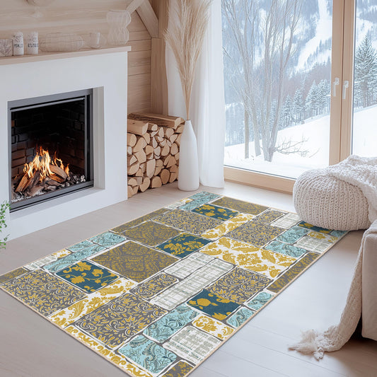 Elegant Floral Pattern Washable Rectangular Area Rug | Vintage Inspired Home Decor | Stylish Carpet for Living Room
