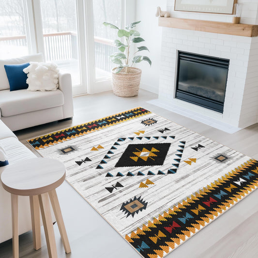 Geometric Patterned Washable Rectangular Area Rug | Modern Tribal Design Carpet | Stylish Living Room Decor | Bohemian Home Accent