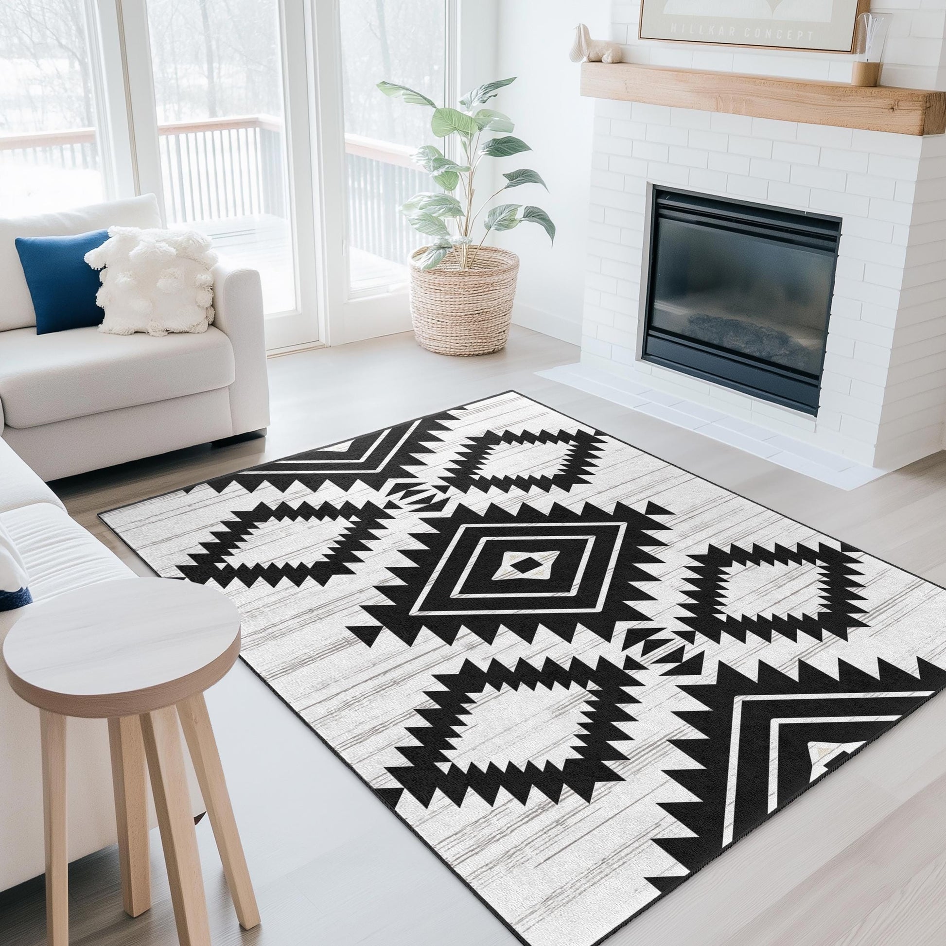Geometric Black and White Rectangular Area Rug | Modern Tribal Pattern Carpet | Stylish Home Decor | Soft Cotton Floor Mat