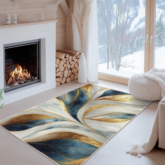 Elegant Gold and Blue Floral Rectangular Rug | Luxurious Home Decor | Soft Cotton Carpet | High-Resolution Print Area Rug
