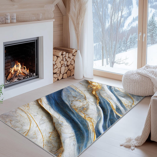Luxury Blue and Gold Marble Rectangular Rug | Elegant Home Decor Carpet | Soft and Washable Area Rug for Living Room