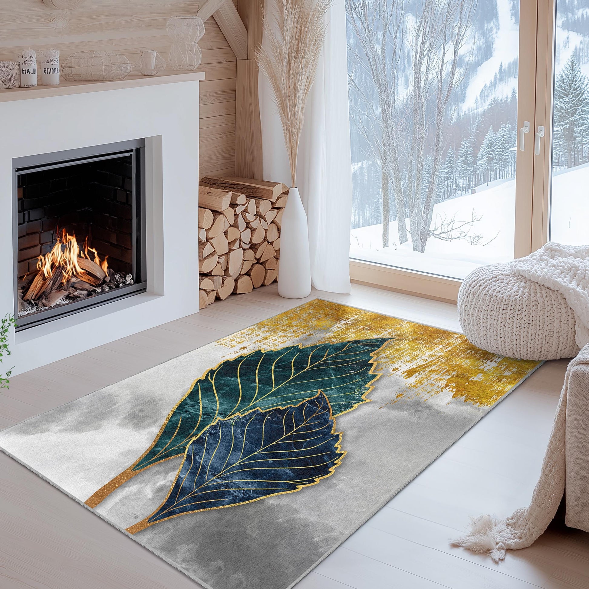 Elegant Blue and Gold Leaf Design Rectangular Area Rug | Modern Botanical Floor Mat | Luxury Home Decor | Soft Cotton Carpet