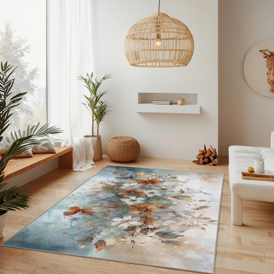 Floral Watercolor Rectangular Area Rug | Elegant Flower Design Carpet for Living Room | Soft Washable Home Decor