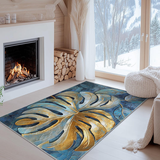 Elegant Gold and Blue Monstera Leaf Rectangular Rug | Tropical Home Decor | Stylish Area Carpet for Living Room
