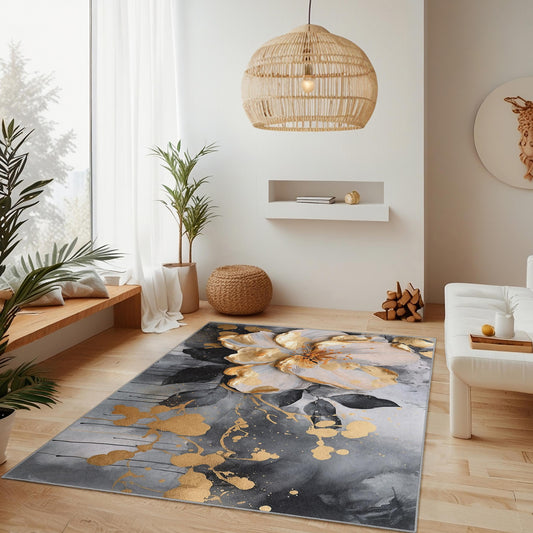 Gold and Black Flower Design | Elegant Floral Art Rectangular Rug | Decorative Carpet for Living Room or Bedroom