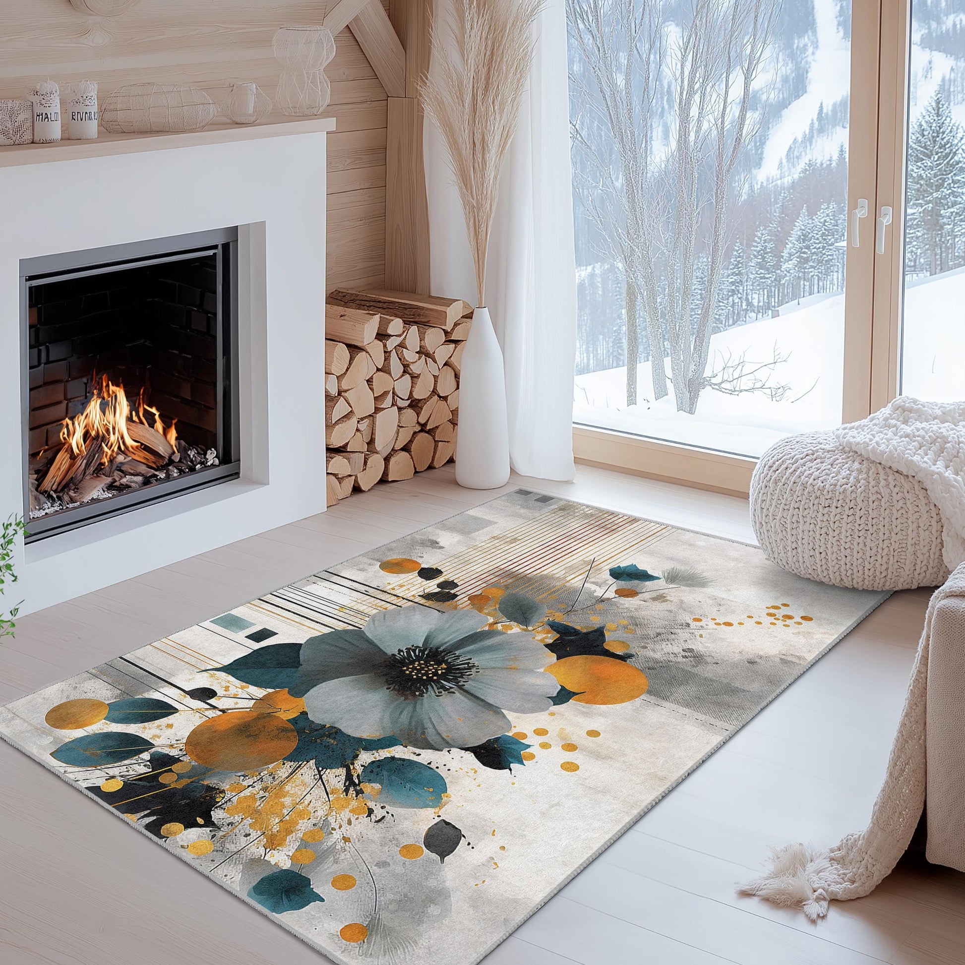 Floral Abstract Design Rectangular Area Rug | Modern Home Decor Carpet | Stylish Living Room Mat | Elegant Flower Print Rug