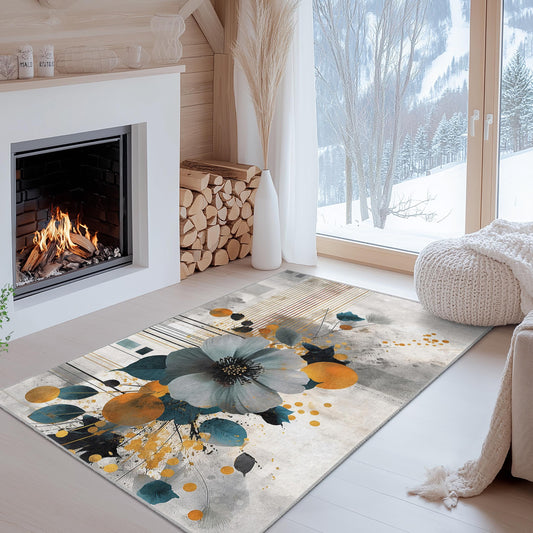 Floral Abstract Design Rectangular Area Rug | Modern Home Decor Carpet | Stylish Living Room Mat | Elegant Flower Print Rug