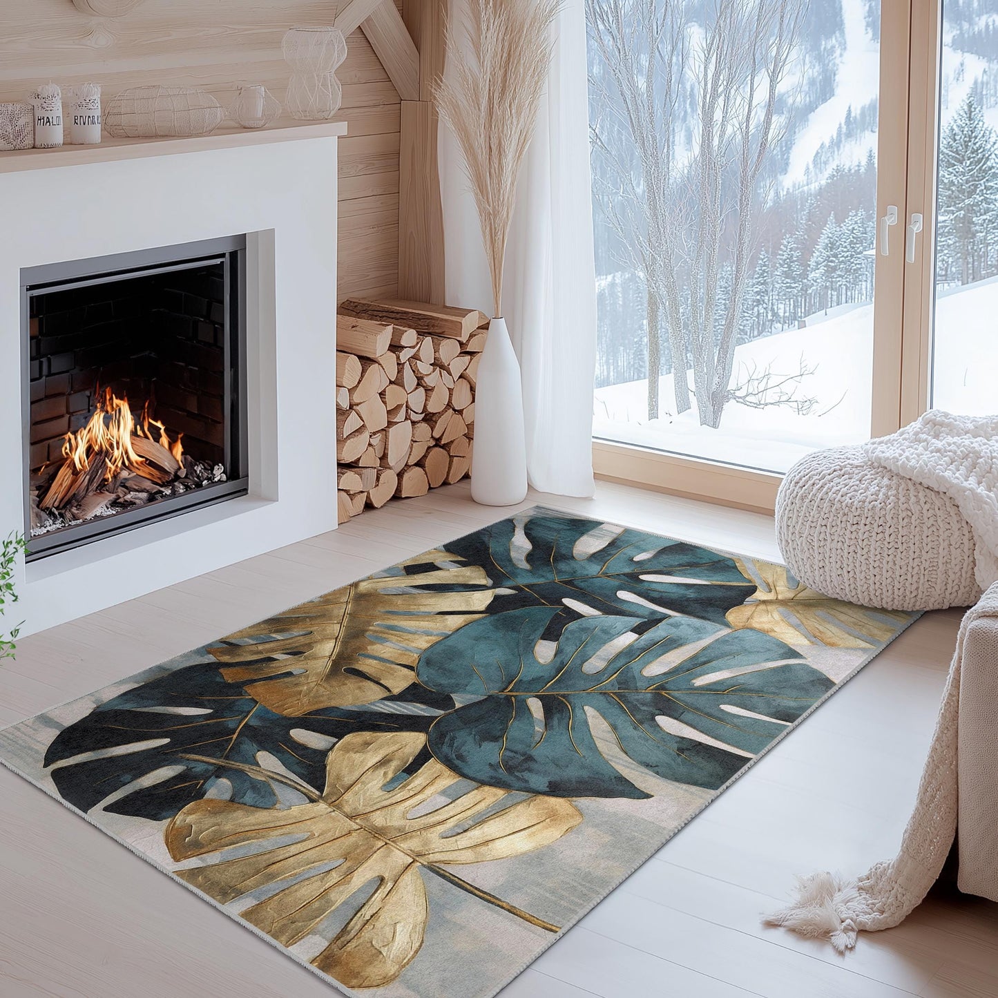 Tropical Monstera Leaves Rectangular Area Rug | Elegant Gold and Teal Leaf Design | Modern Living Room Carpet | Stylish Home Decor