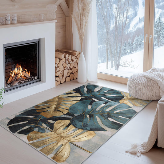 Tropical Monstera Leaves Rectangular Area Rug | Elegant Gold and Teal Leaf Design | Modern Living Room Carpet | Stylish Home Decor