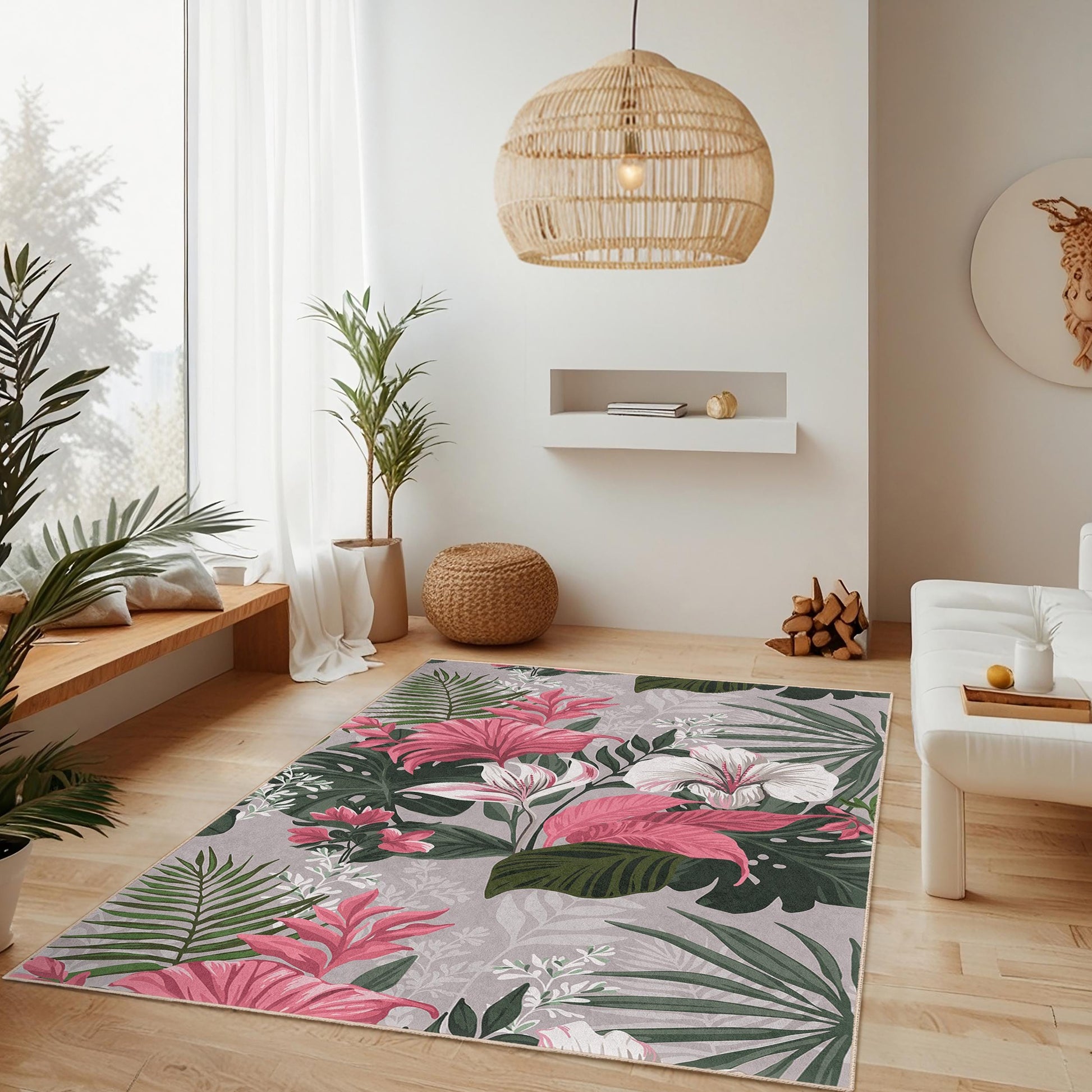 Vibrant Floral Rectangle Rug | Tropical Style Decorative Carpet for Living Room | Stylish Botanical Area Rug