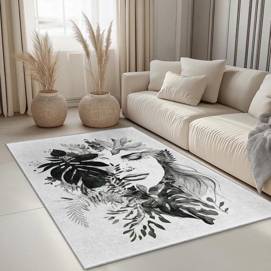 Elegant Botanical Face Design Rectangular Rug | Modern Living Room Decor | Stylish Printed Area Carpet | Unique Home Accent