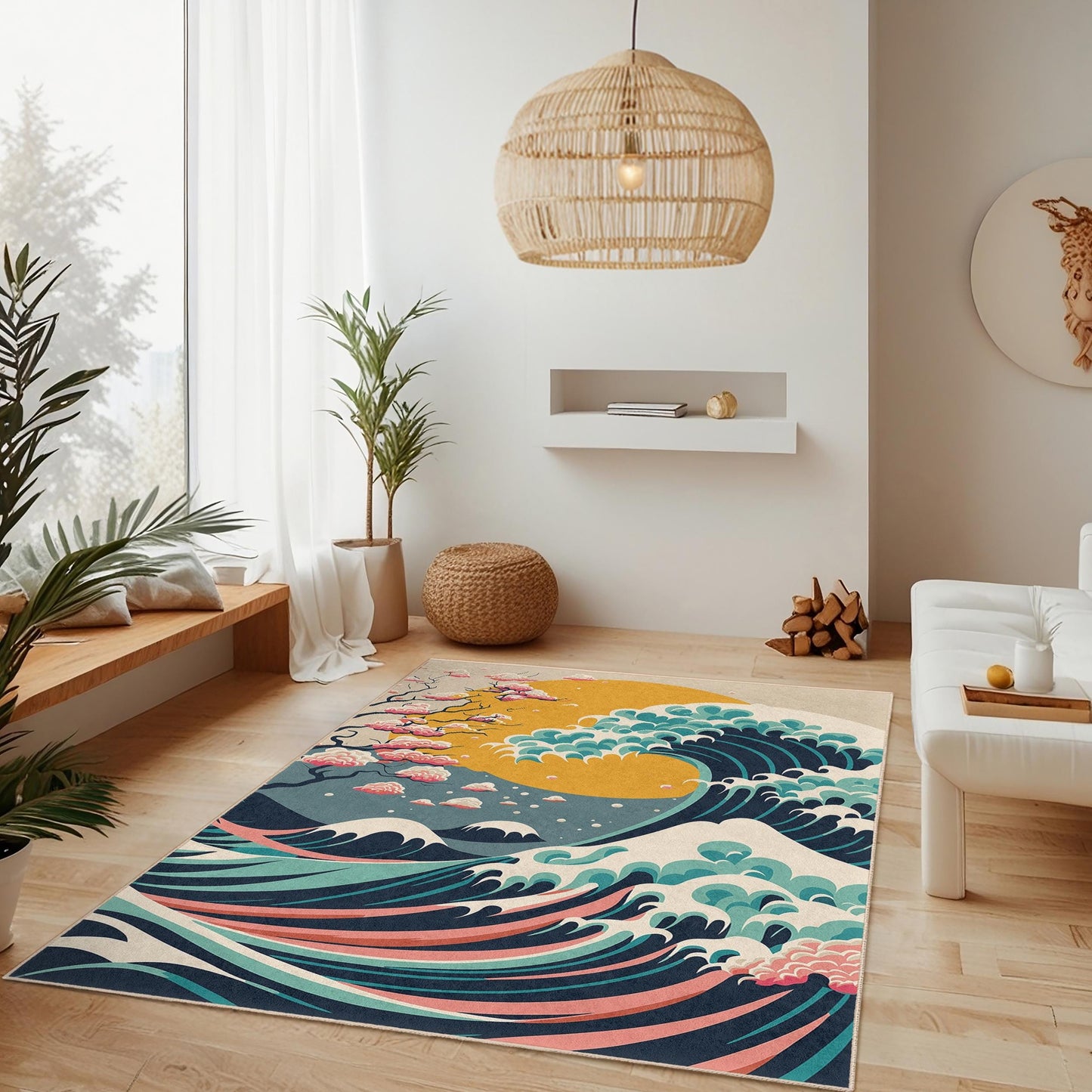 Nature Inspired Decorative Area Rug | Wave Pattern | Modern Rectangular Carpet for Living Room