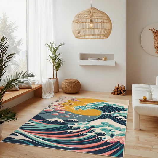 Nature Inspired Decorative Area Rug | Wave Pattern | Modern Rectangular Carpet for Living Room