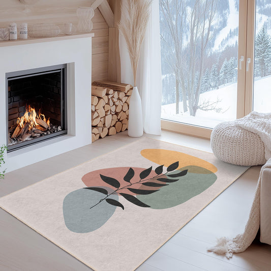 Decorative Floor Mat for Modern Homes | Colorful Leaf Pattern Rectangular Rug | Easy to Clean Living Room Carpet
