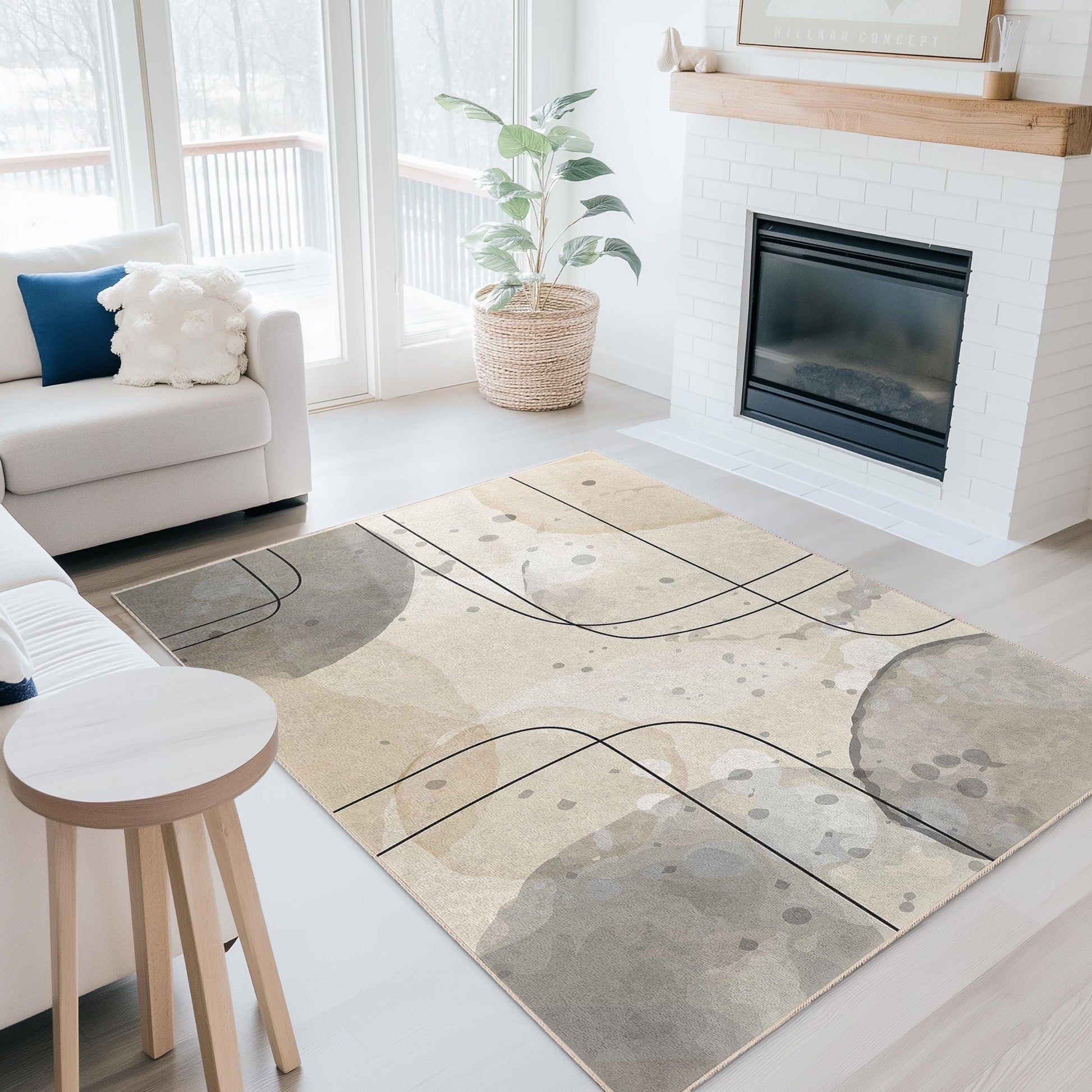 Modern Living Room Carpet | Abstract Line Pattern Rectangle Area Rug | Easy Clean Soft Rug | Stylish Home Decor