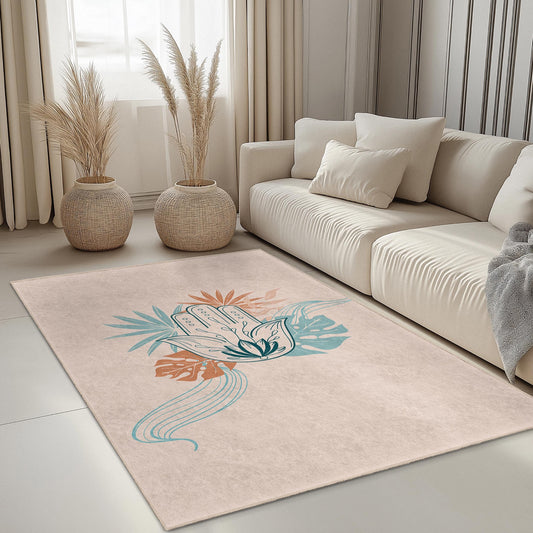 Bohemian Hand and Leaf Pattern Rectangular Rug, Decorative Living Room Rug, Unique Area Rug, Floral Design Carpet, Home Decor