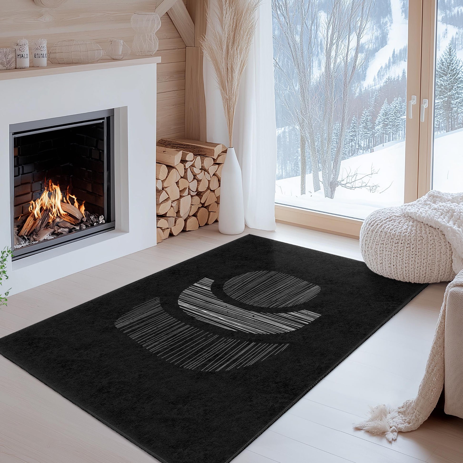 Abstract Black and White Rectangular Rug, Modern Minimalist Carpet, Chic Home Decor, Stylish Area Rug, Unique Floor Mat