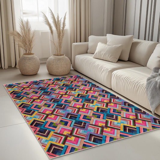 Colorful Geometric Patterned Area Rug, Rectangular Area Rug, Modern Decor Rug, Living Room Rug, Stylish Carpet for Home