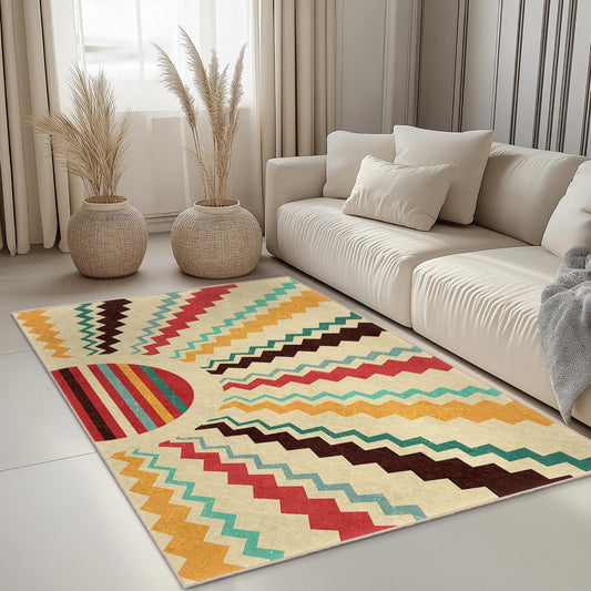 Vibrant Zigzag Pattern Rectangular Rug, Colorful Geometric Area Rug, Modern Home Decor Floor Mat, Living Room Carpet, Bohemian Style