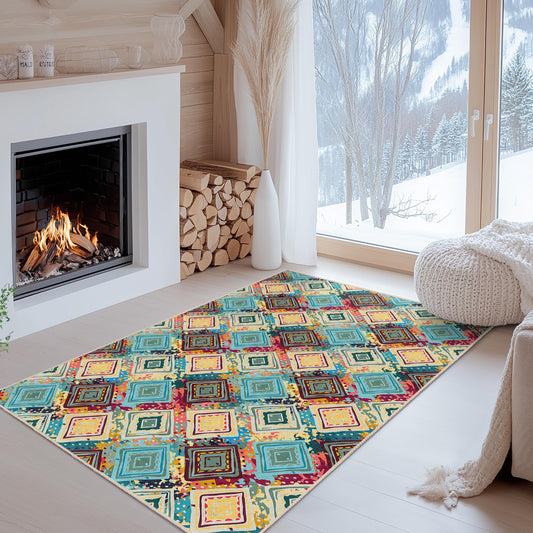 Colorful Geometric Pattern Rectangular Area Rug, Bohemian Style Living Room Carpet, Modern Decorative Rug for Home Decor