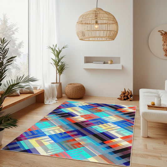 Vibrant Geometric Pattern Rectangular Area Rug, Colorful Modern Carpet for Living Room, Unique Home Decor Piece, Stylish Floor Mat