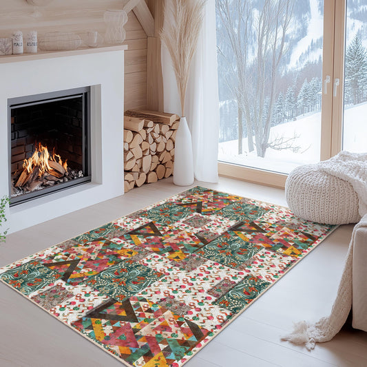 Colorful Geometric Pattern Rectangular Rug, Vintage Style Living Room Carpet, Bohemian Home Decor, Unique Area Rug for Salon