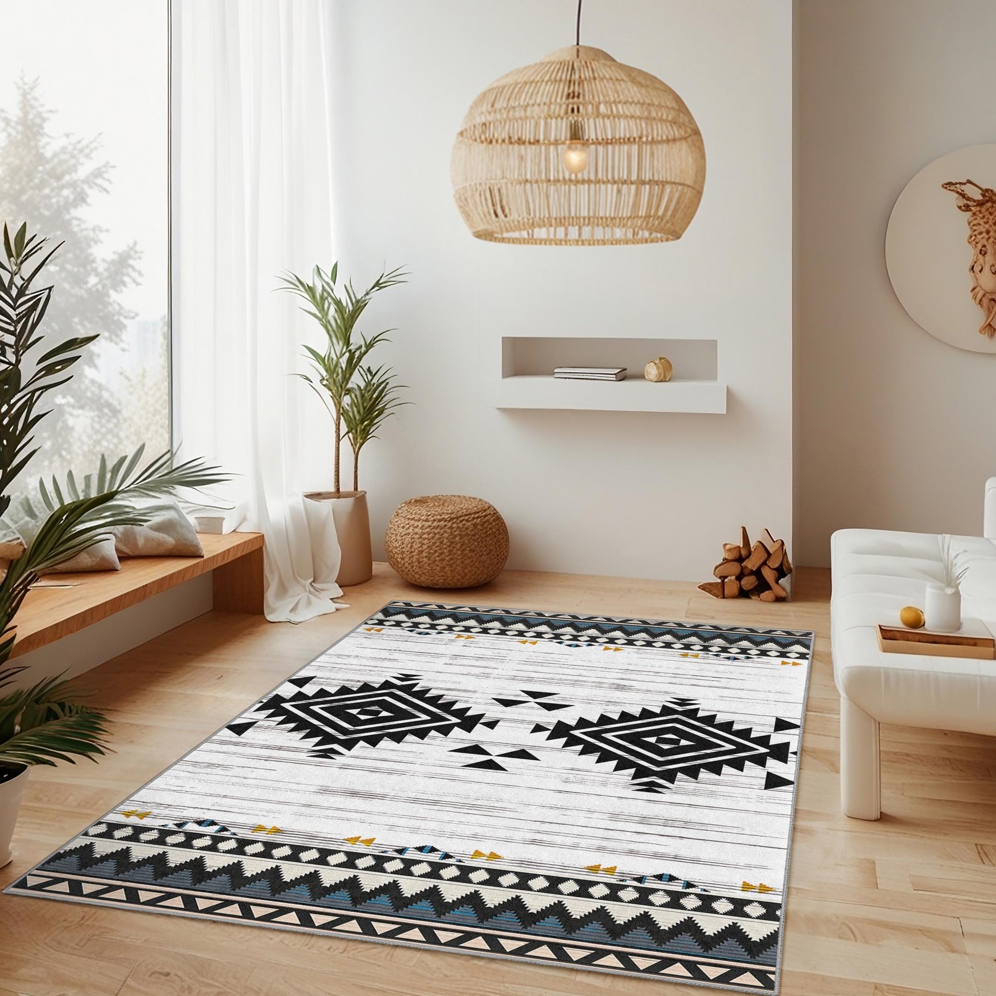 Geometric Patterned Rectangular Area Rug | Boho Chic Living Room Carpet | Modern Home Decor | Stylish Black and White Rug