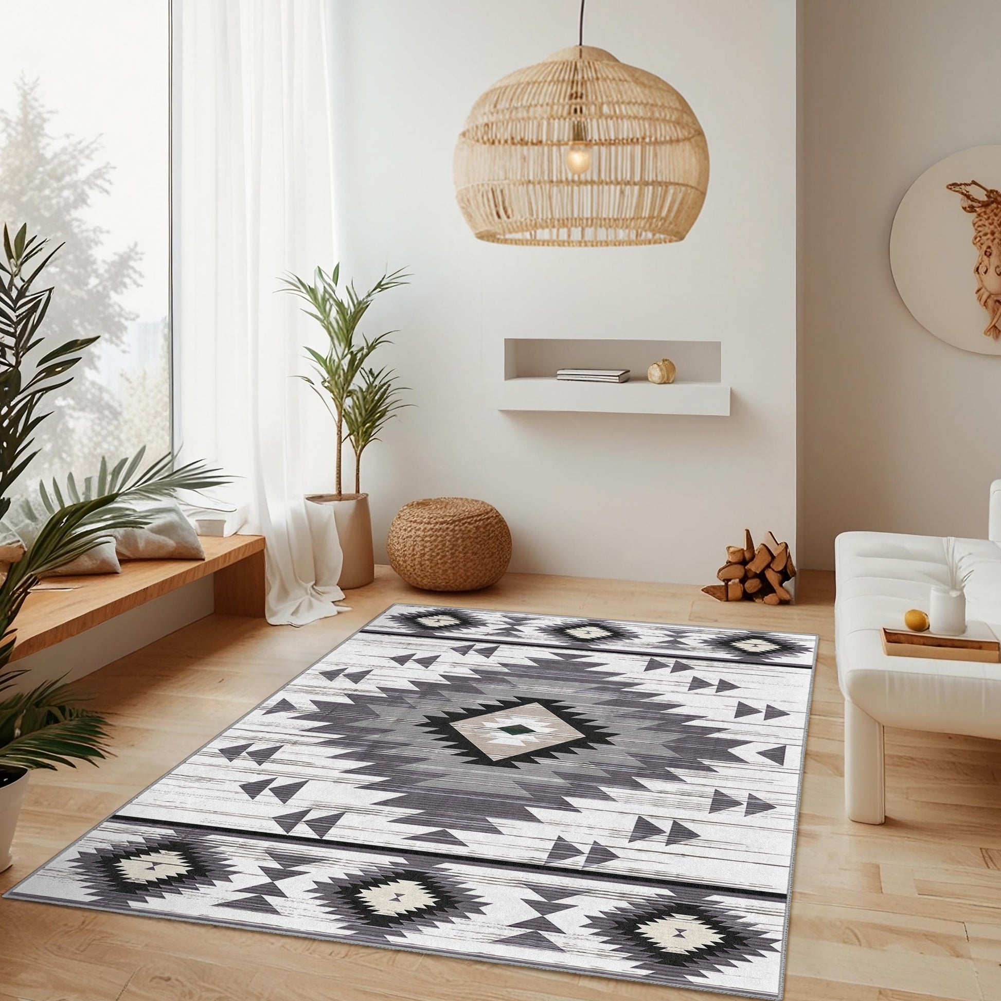 Geometric Tribal Pattern Rectangular Area Rug | Modern Bohemian Home Decor | Soft Cotton Carpet for Living Room