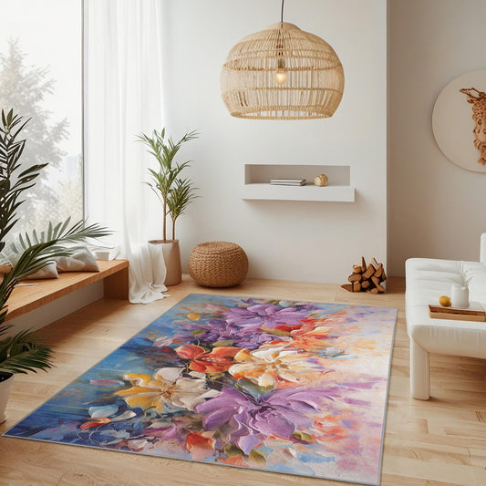 Floral Pattern Rectangular Area Rug | Colorful Flower Design Carpet for Living Room | Bright Decorative Home Mat