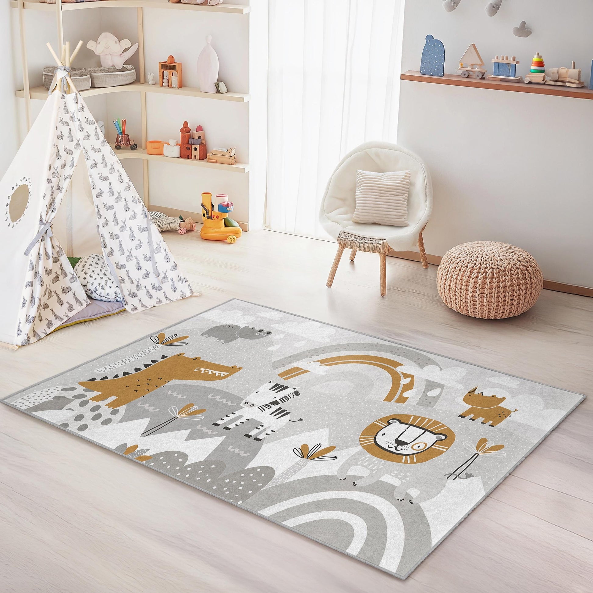 Safari Adventure Kids Rug: Playroom Animal Print, Soft & Safe