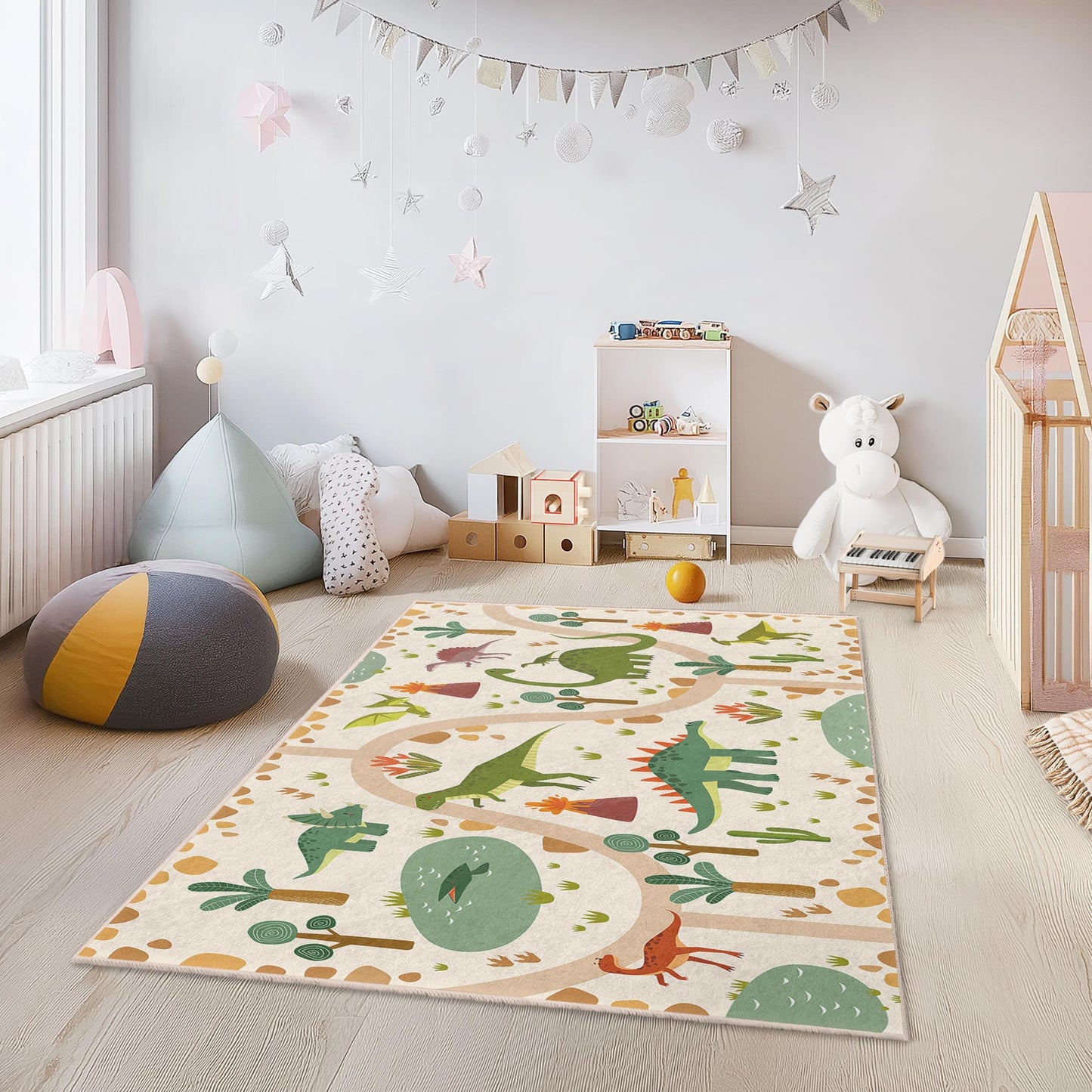 Dinosaur Adventure Kids Rug, Interactive Play Mat for Children's Room, Soft Rectangular Carpet, Playroom Decor, Nursery Rug