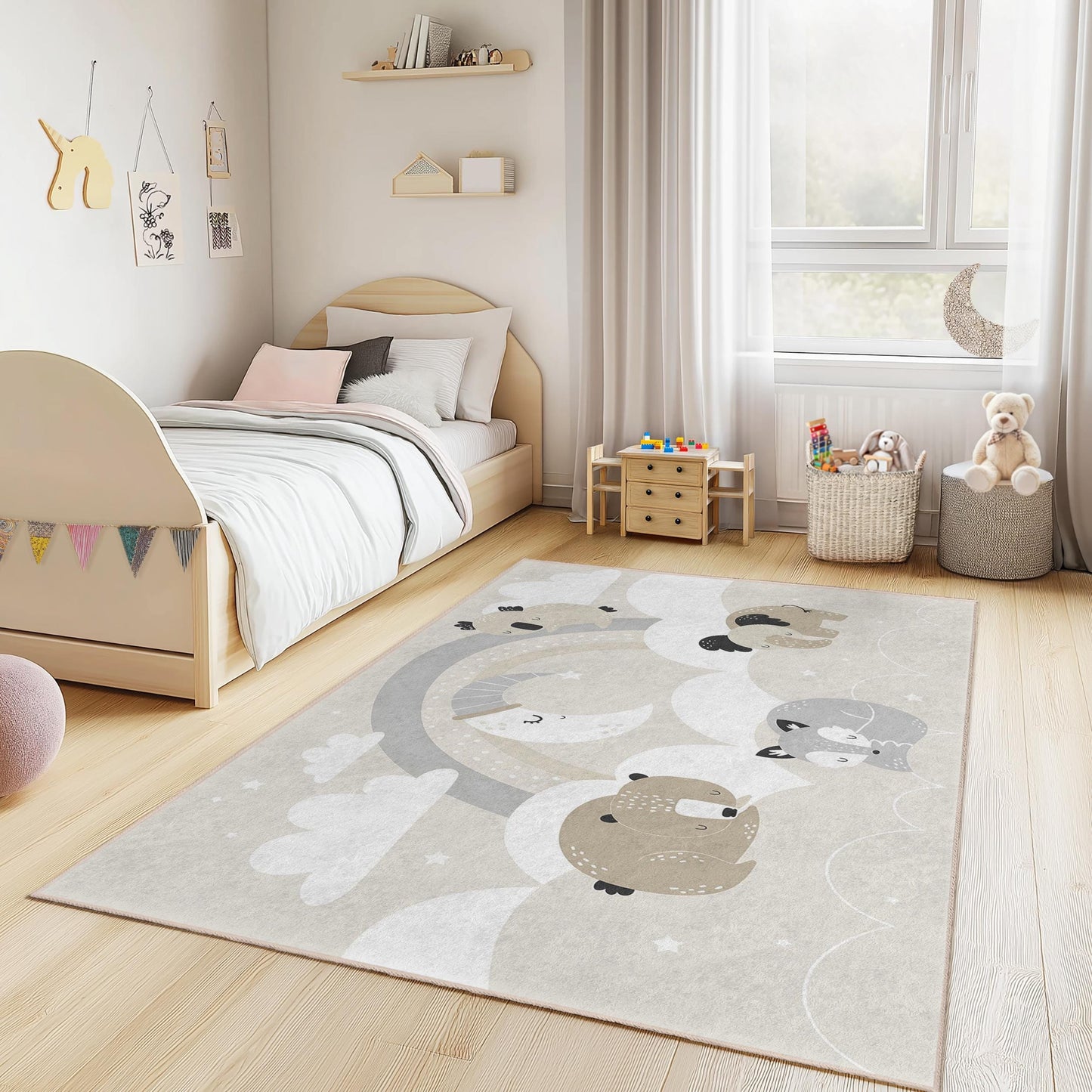 Cute Animal Cartoon Rectangular Rug, Soft Kids Room Carpet, Nursery Decor, Playroom Mat, Adorable Animal Design, Toddler Room Rug