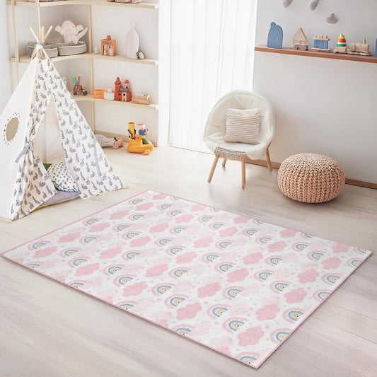 Rainbow Cloud Kids Area Rug: Soft Nursery Playroom Carpet