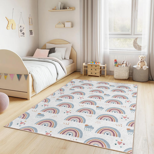 Pastel Rainbow Kids Rug: Soft Playroom Nursery Carpet